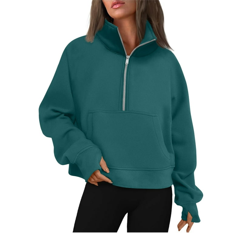Cuoff Hoodie Sweatshirt for Women Women's Long Sleeve Casual Lapel Pullover  Half Zip Sweatshirts Thumb Hole Cropped Sweatshirts with Pocket Dark Green  S 