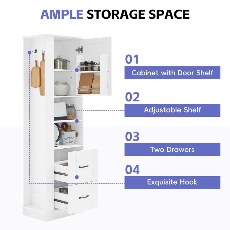 Freestanding Bathroom Storage Cabinet, Pantry Sideboard Storage Cabinet with Side Hooks, Drawers & Adjustable Shelf