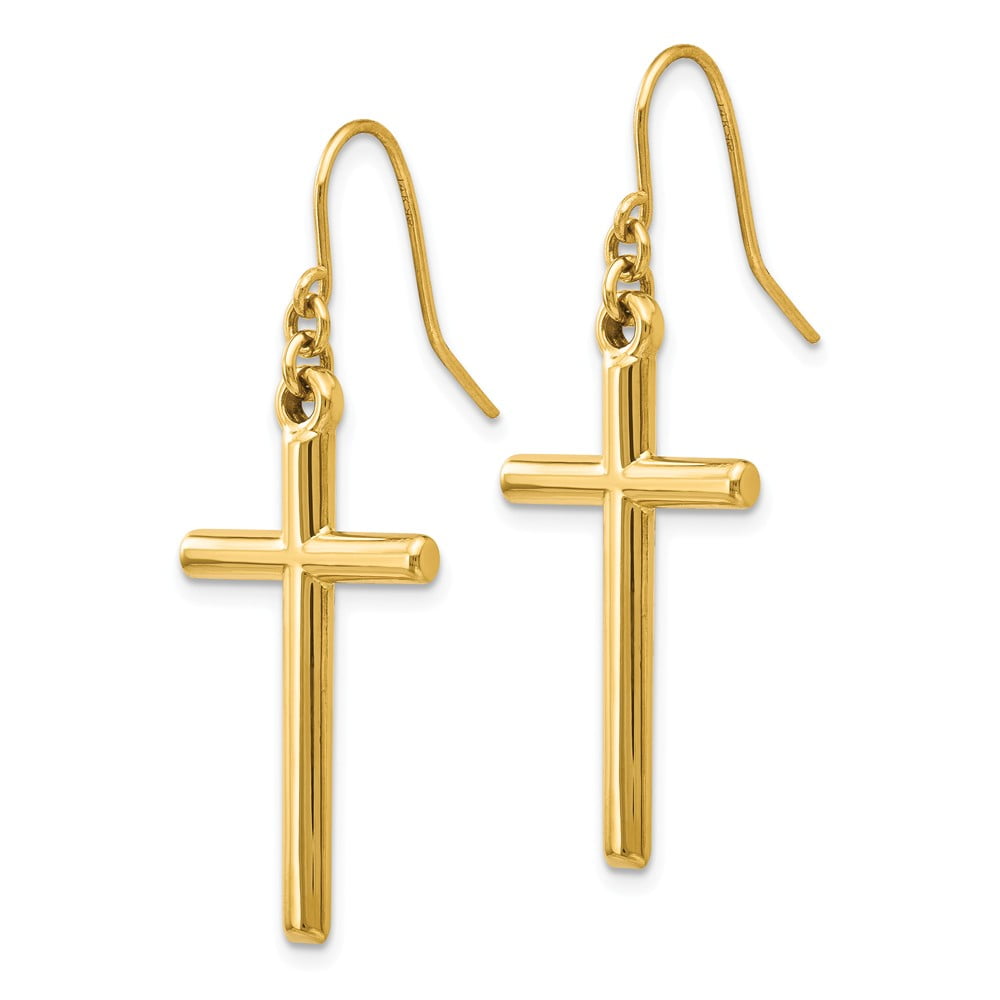 Real 14kt Yellow Gold Cross Shepherd Hook Dangle Earrings; for Adults and Teens; for Women and Men