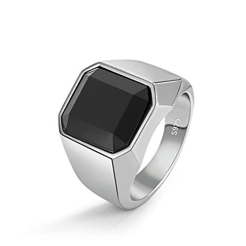 925 Sterling Silver Hommes Noir Onyx Anneau Carré Circulaire Agate Chevalière pour Femme Index Bague Tailles 6 à 13 pour Bande Garçons Hommes Bijoux Cadeau pour Lui (Carré Agate, 11)