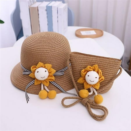 

Hunpta Hats For Kids Children Girls Cartoon Smile Sunshade Hat Straw Beach Sun Hat + Straw Bag