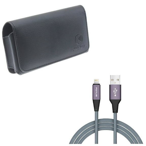 10ft USB Cable w Case Belt Clip for iPhone 8/7/6S/6 - Charger Cord Power Wire Braided Long, Leather Swivel Holster Loops Cover for iPhone 8/7/6S/6 Models