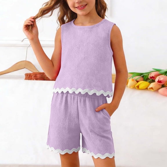 Kids Girls Two Piece Outfit Textured Sleeveless Tank Top And Scalloped Trim Pocket Shorts Set Children Casual Summer Clothes Tween Playwear Suit Active Lounge Apparel
