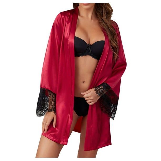 DPTALR Women Plus Size Sexy Lingerie Silk Robe Satin Bathrobe Sleepwear  Pajamas+Belt 