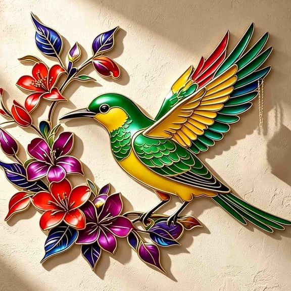 Hummingbird Metal Wall Art, Colorful Iron Bird Flower Hanging Sculpture, Weatherproof Garden Patio Plaque Decor for Living Room Fence Porch(xw)