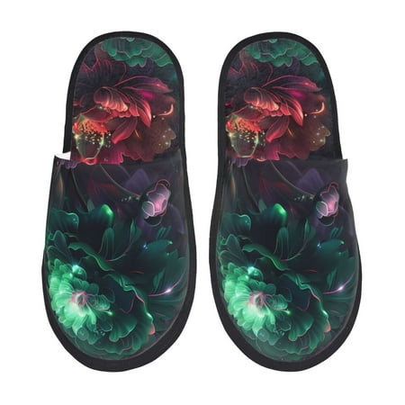 Balery Red And Green Carnation Slient Indoor Furry Fleece Comfort House Shoes Soft Non-Slip Home Shoes Cotton slippers House Slippers-- Medium