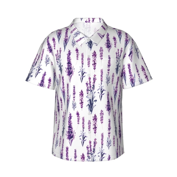 Balery Lavender Flowers Camisas hawaianas de manga corta para hombre, camisas playeras de corte holgado, camisas de vacaciones con botones,Small