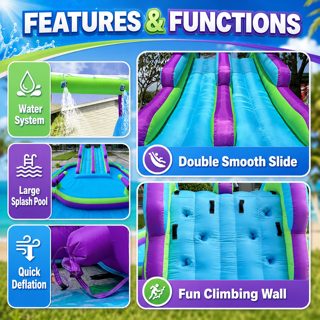 Inflatable Double Water Slide with Climbing Wall, Splash Pool & Blower Included, Oxford Backyard Water Park for Kids, Purple & Green