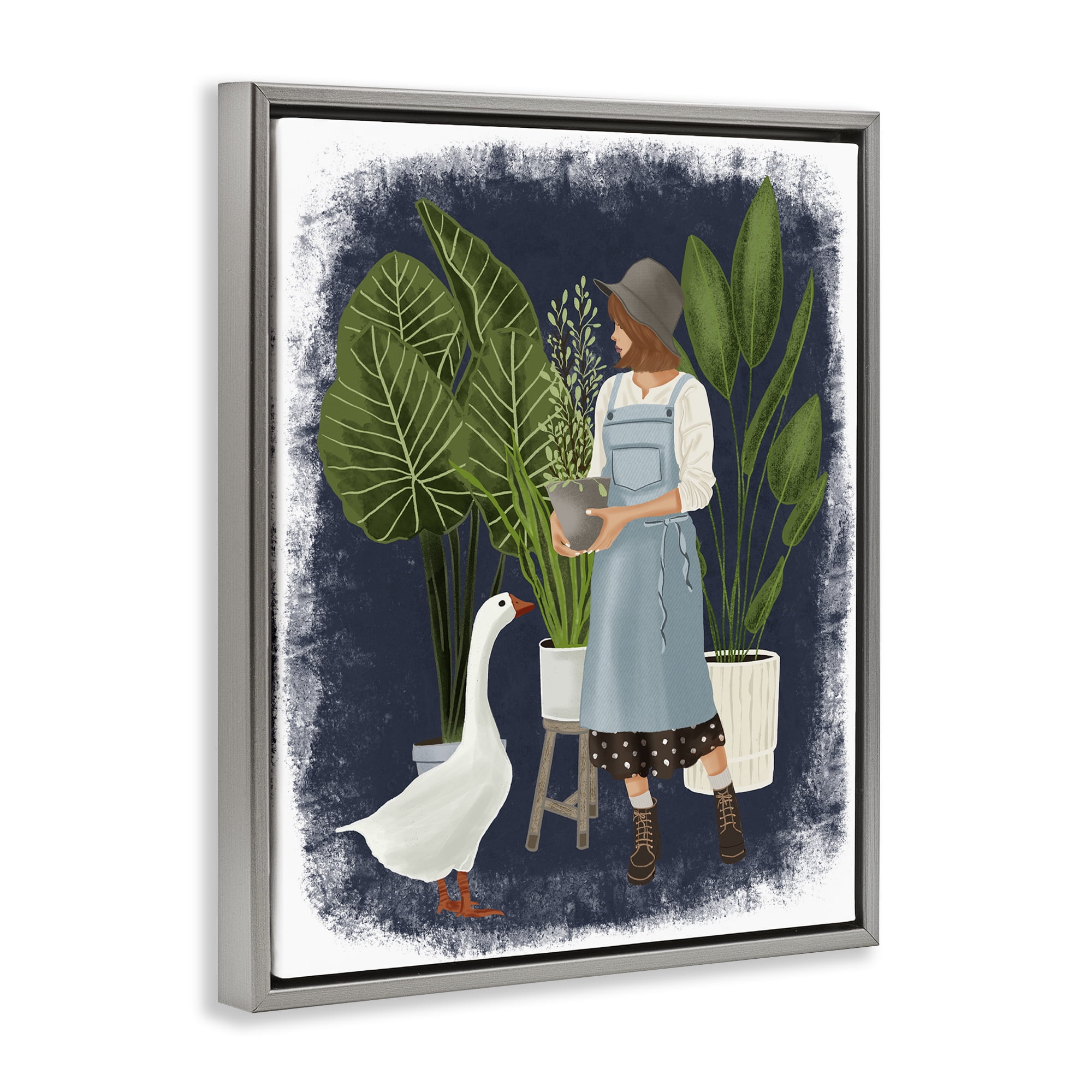 Stupell Industries Gardner Girl with Goose People Painting Gray Floater Framed Canvas Art Print Wall Art, 17 x 21