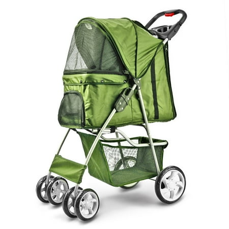 Folding Pet Stroller, Rain Cover, Cup Holder, Mesh Window, Green