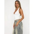 thumbnail image 4 of Women Deep V Neck Lace Trim Bow-Tie Halter Top Slim Fit Sleeveless Ruched Colorblock Ribbed Knit Crop Top White XS, 4 of 10