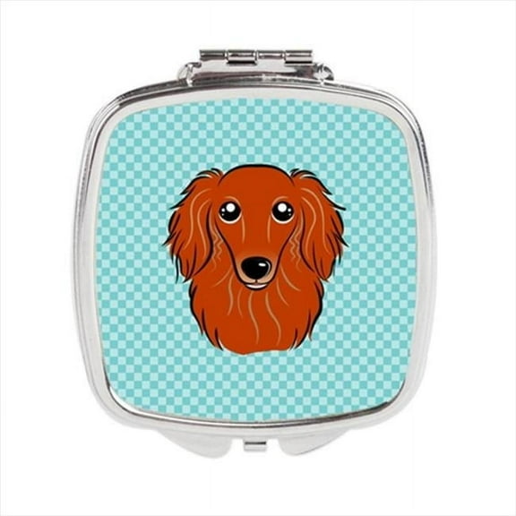 Checkerboard Blue Longhair Red Dachshund Compact Mirror - 2.75 x 3 x .3 In.