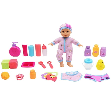 Dream Collection: Baby Doll Starter Set - Pink & Blue, 12" Lifelike Doll, Mix & Match Clothes, 3 pc Feeding Accessories, Soft & Posable, Kids Ages 2 