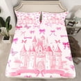 thumbnail image 2 of Homewish Pink Dreamy Castle Twin Sheet Sets,Cute Bowtie Ribbon Twin Fitted Sheet,Fairy Tale Princess Flat Sheet For Girl Teens,Luxury Bedroom Decor,3pcs, 2 of 7
