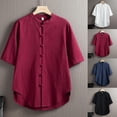 thumbnail image 5 of Men Shirt Stand Collar Solid Color Cotton Linen Blouse Short Sleeve Button Top, 5 of 11