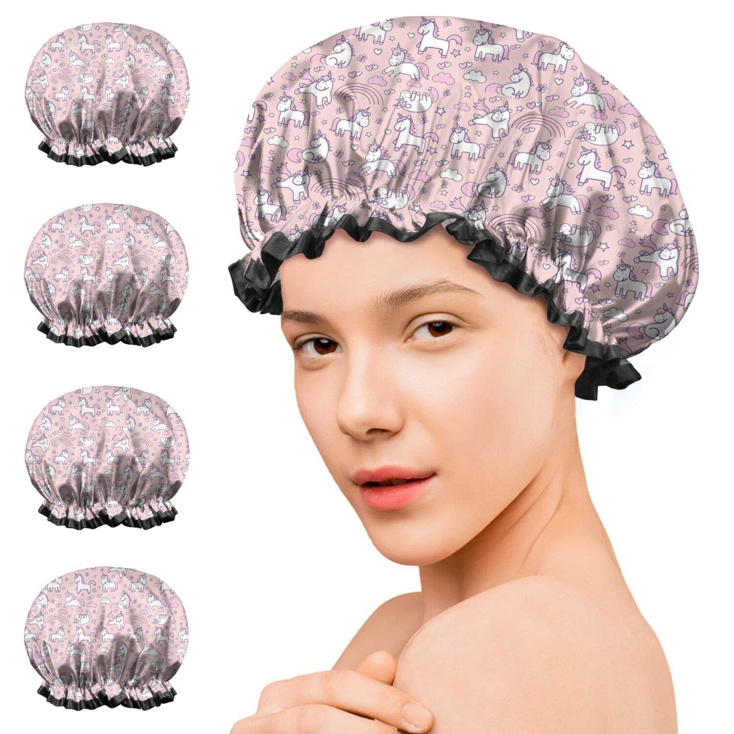Shower Caps,Pink Unicorn Doodle Pattern Waterproof Shower Cap for Women 4 Pieces,Double Reusable Hair Cover for Shower PEVA Elastic Stretch Hem