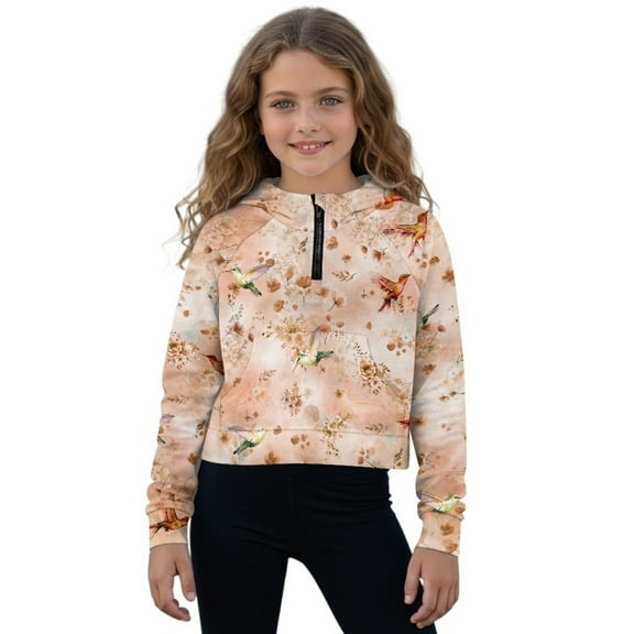 Xixirimido Hummingbird Floral Pattern Girls Half Zip Sweatshirt Hooded Pullover for Teen Long Sleeve Hoodie Crop Tops with Pocket Fall Winter Clothes, Size 5-6
