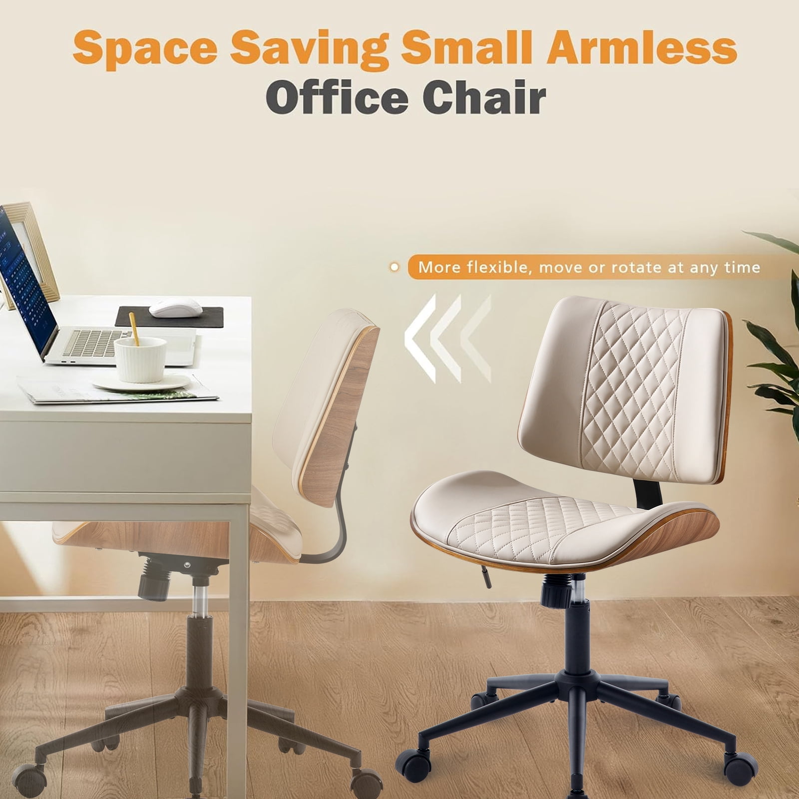 Home Office Chair with Wheels, Adjustable Height and 360° Swivel Armless Desk Chair, Modern PU Leather Mid-Back Computer Chair for Office Living Room Bedroom, Beige