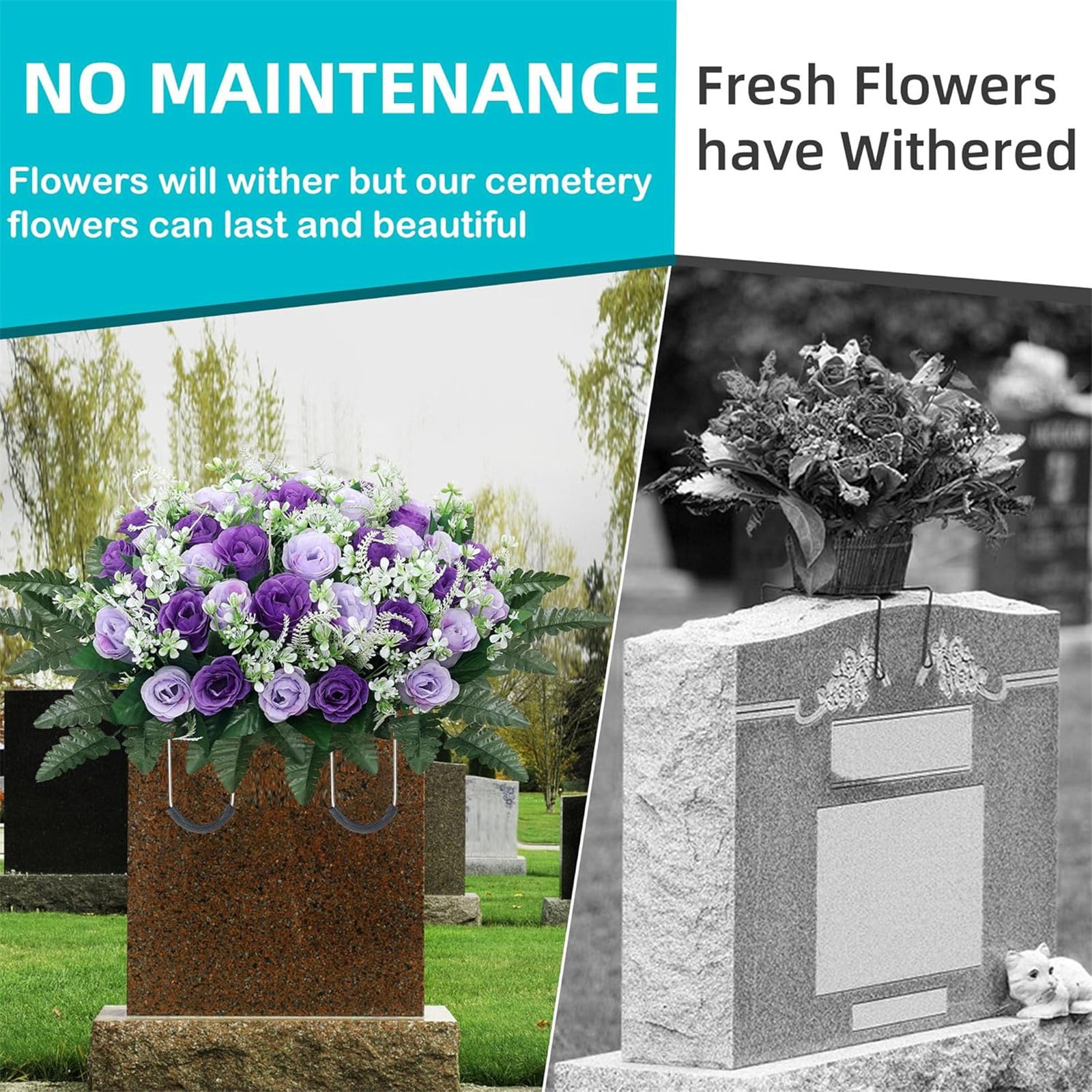 Large Artificial Headstone Flower Saddle for Graves, White Cemetery Memorial Flowers for Outdoor Tombstone Decorations,Peacock Blue 67*34cm
