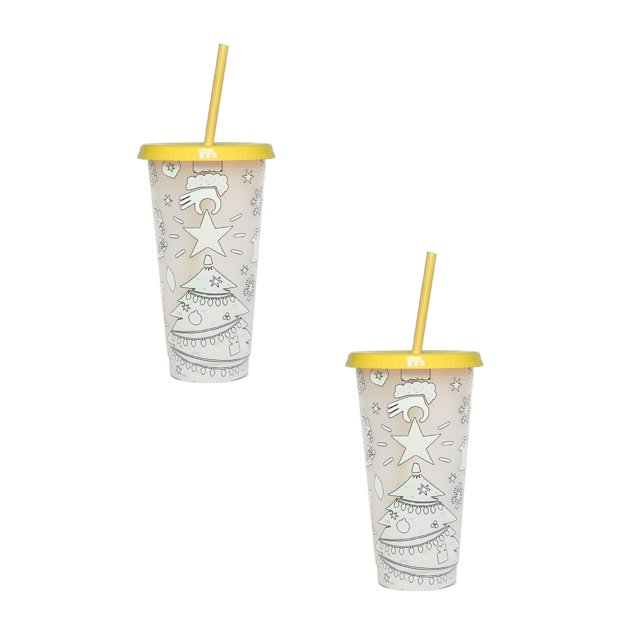 Oleegame 2PC Glass Bottle Christmas Color Changing Cup PP Coffee Plastic Single Layer Temperature Sensitive Color Changing Color Changing Cup Yellow