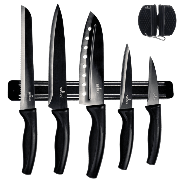 SiliSlick Juego de Cuchillos de Cocina, Hojas de Colores de Acero Inox. con Revest. de Titanio, Cuchillos de Chef, Pan, Santoku, Multiusos y para Pelar, Soporte Magnético y Afilador Portátil