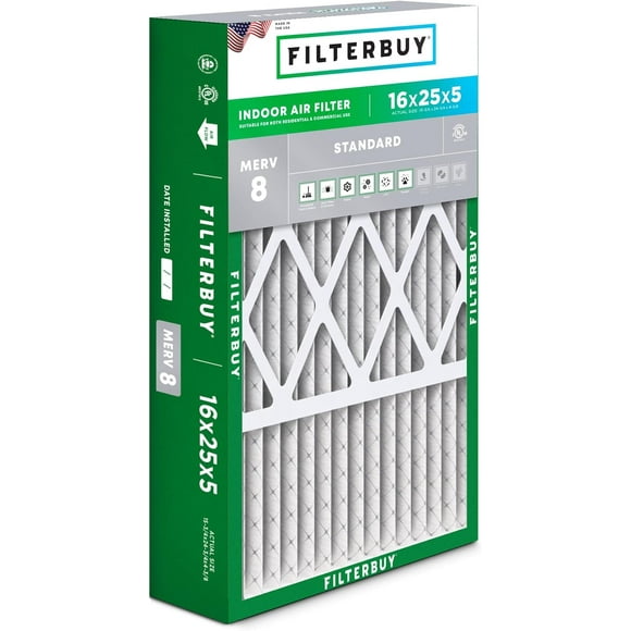 Filterbuy 16x25x5 MERV 8 (MPR 600) Dust Defense, Pleated HVAC AC Furnace Air Filters for Honeywell FC100A1029, Lennox X6670, Carrier, & More (1-Pack)