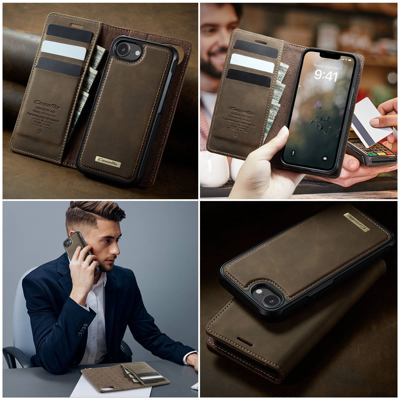 Magnetic 2 in 1 Magsafe Detachable Wallet Case for iPhone 16e with Card Holder Women Men, Retro PU Leather【RFID Blocking】Kickstand Shockproof Cover