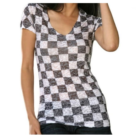 Juniors Black Short - Kavio! Junior BurnOut Checkered Sublimation V Neck Short Sleeve Black M