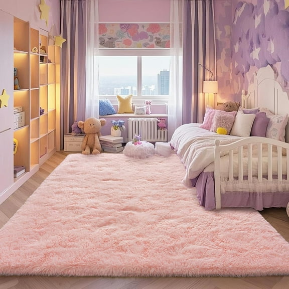 Pink Fluffy Rugs for Bedoom Girls, 5x7 Soft Faux Fur Area Rug - Cozy Fuzzy Plush Non-Slip Shaggy Carpet for Living Room, Kids Girls Room Home Dorm Nursery