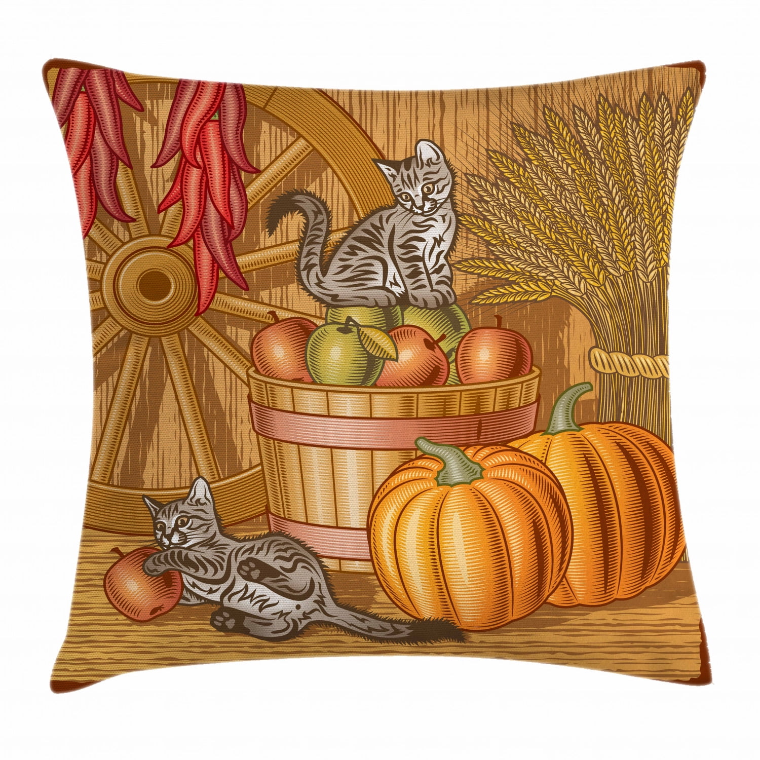Harvest Throw Pillow Cushion Cover, Retro Barn with Two Kittens
