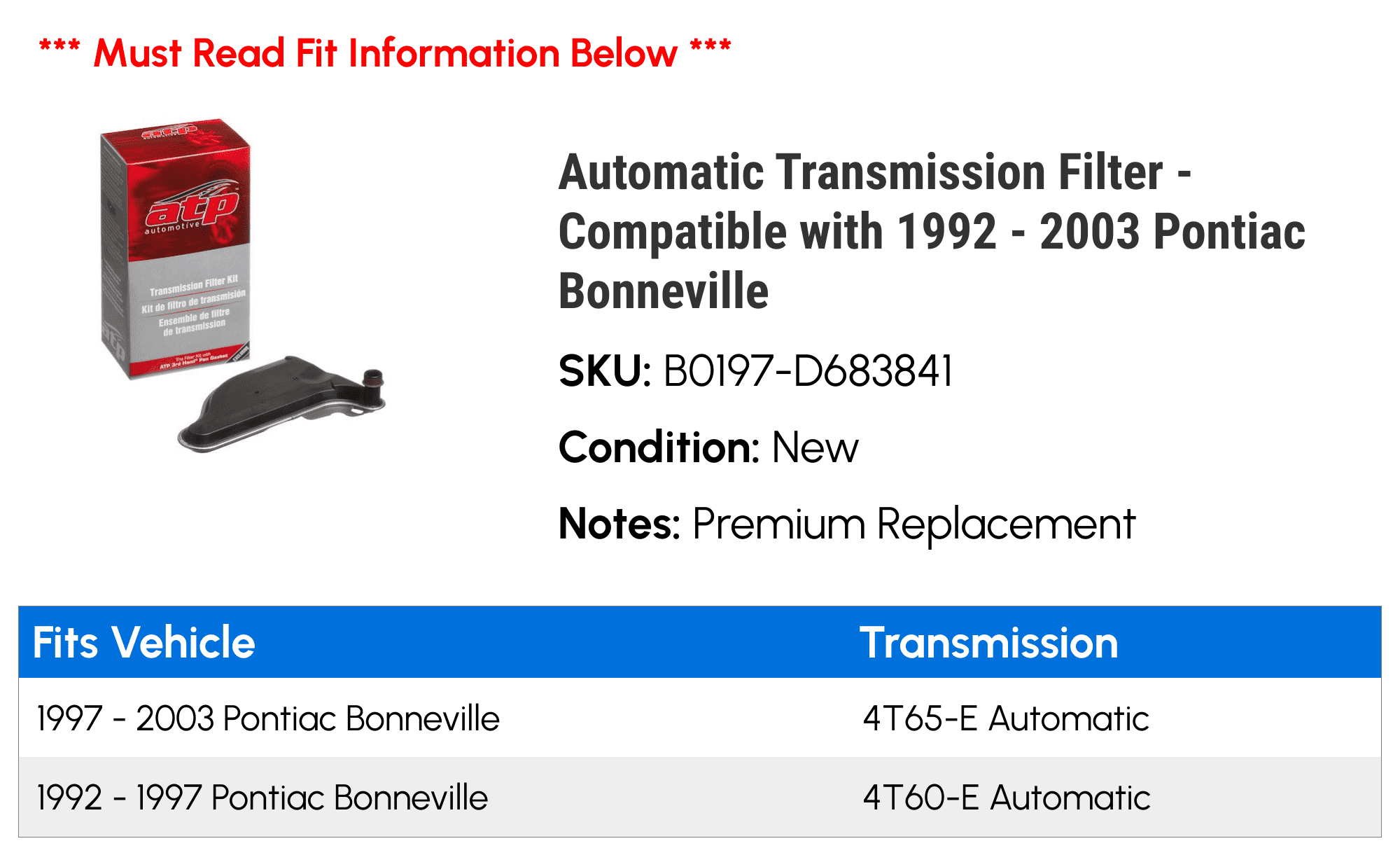 Automatic Transmission Filter - Compatible with 1992 - 2003 Pontiac Bonneville 1993 1994 1995 1996 1997 1998 1999 2000 2001 2002