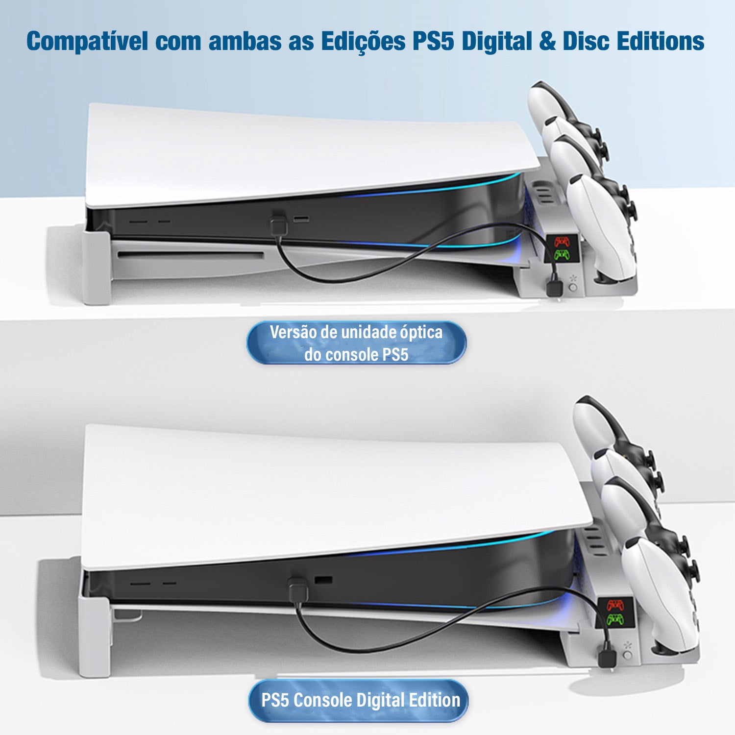 Horizontal Stand for PS5 with 3-Level Fan and Charger Base for PS5 Controller, Cooling Station Accessories-White