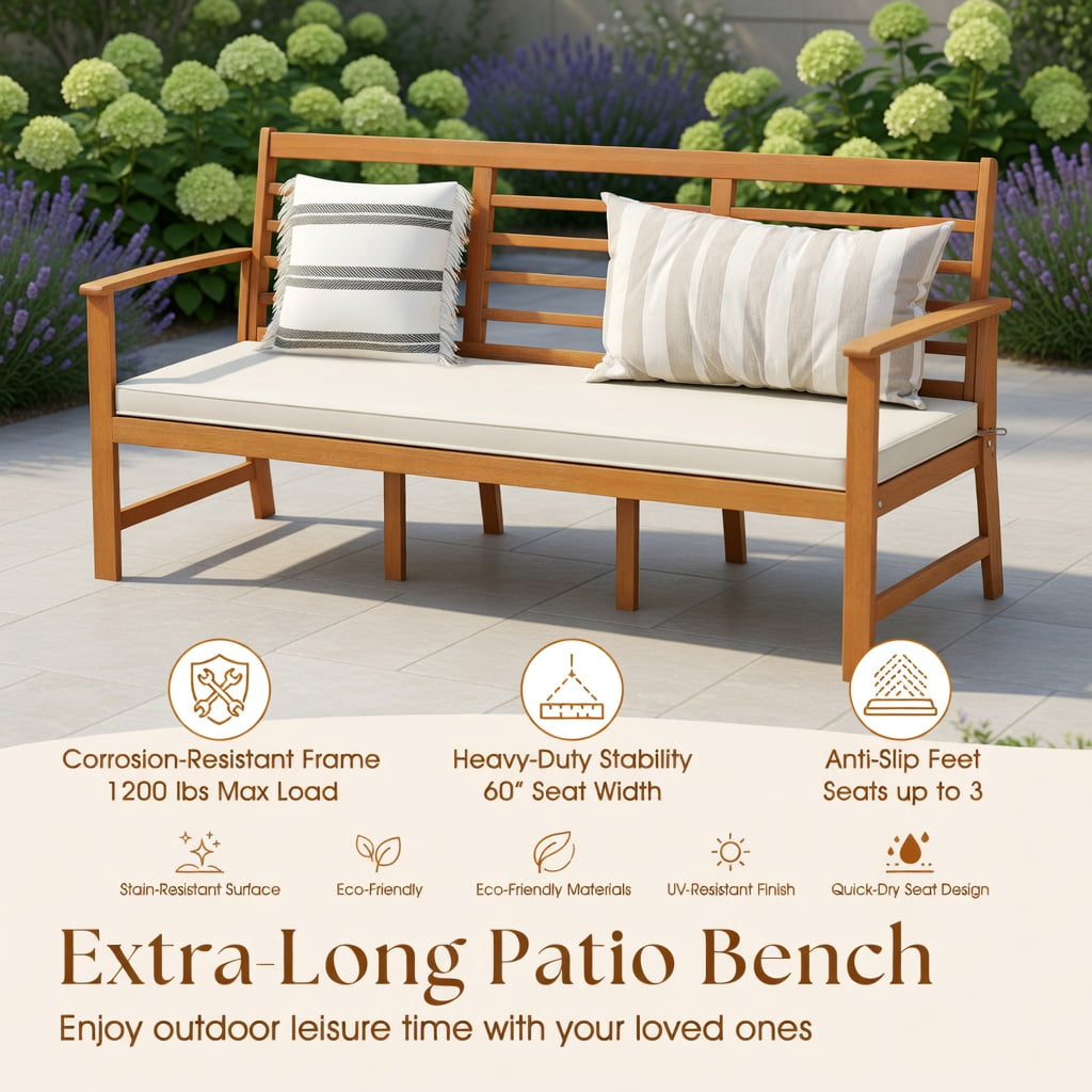 Hommoo 64" Acacia Wood Patio Bench with Off-White Polyester Cushion, Sturdy Outdoor Garden Bench for Backyard, Porch & Deck, Natural