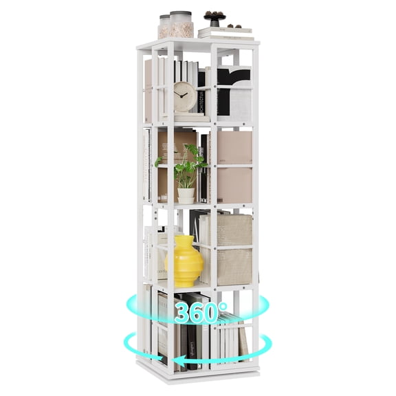 Kicctian 360° Rotating Bookshelf Tower, 54-Inch Tall Industrial Metal Spinning Bookcase, Freestanding Revolving Display Shelf for Living Room, Bedroom, Office or Study, White