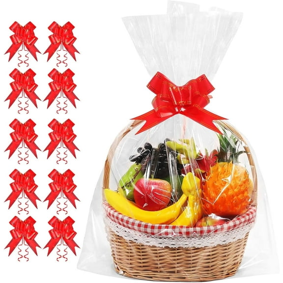 TickJOY 20 Pcs Clear Cellophane Bags Large (24 in x 30 in), 3 Mil Thicker Cellophane Wrap for Gift Baskets, Celofan Plastic Gift Bags with Red Bows Ribbon