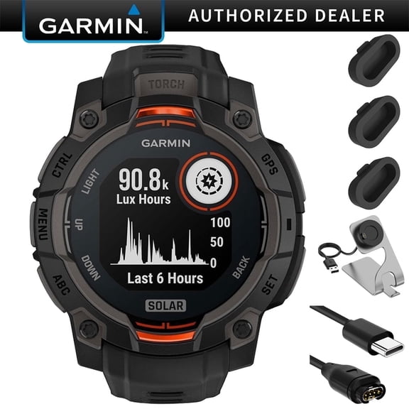 Garmin Instinct 3 - 45 mm Outdoor GPS Smartwatch, SOLAR, Black with Black Band Bundle with Deco Essentials Charging Dock for Garmin Venu 3 Silicone Dust Cover USB Type C Charging and Sync Cable