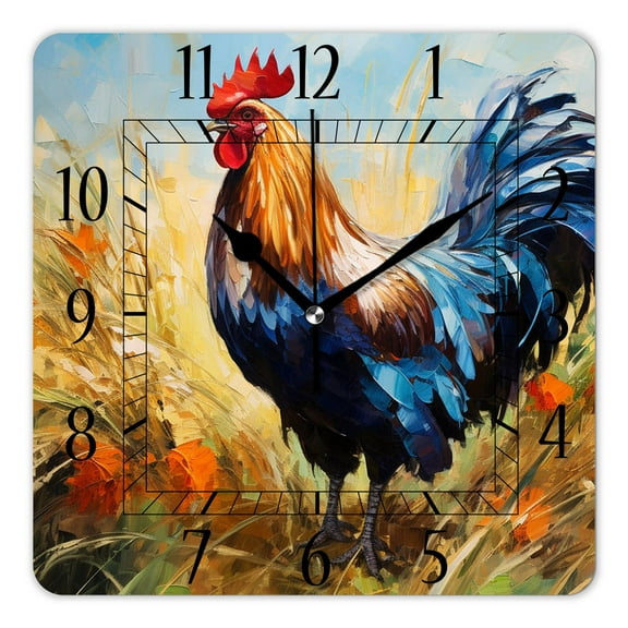14 Inch Wall Clock Battery Operated Square Clock Decorative for Office, Kitchen, Outdoor, Living Room，Colorful Rooster Design