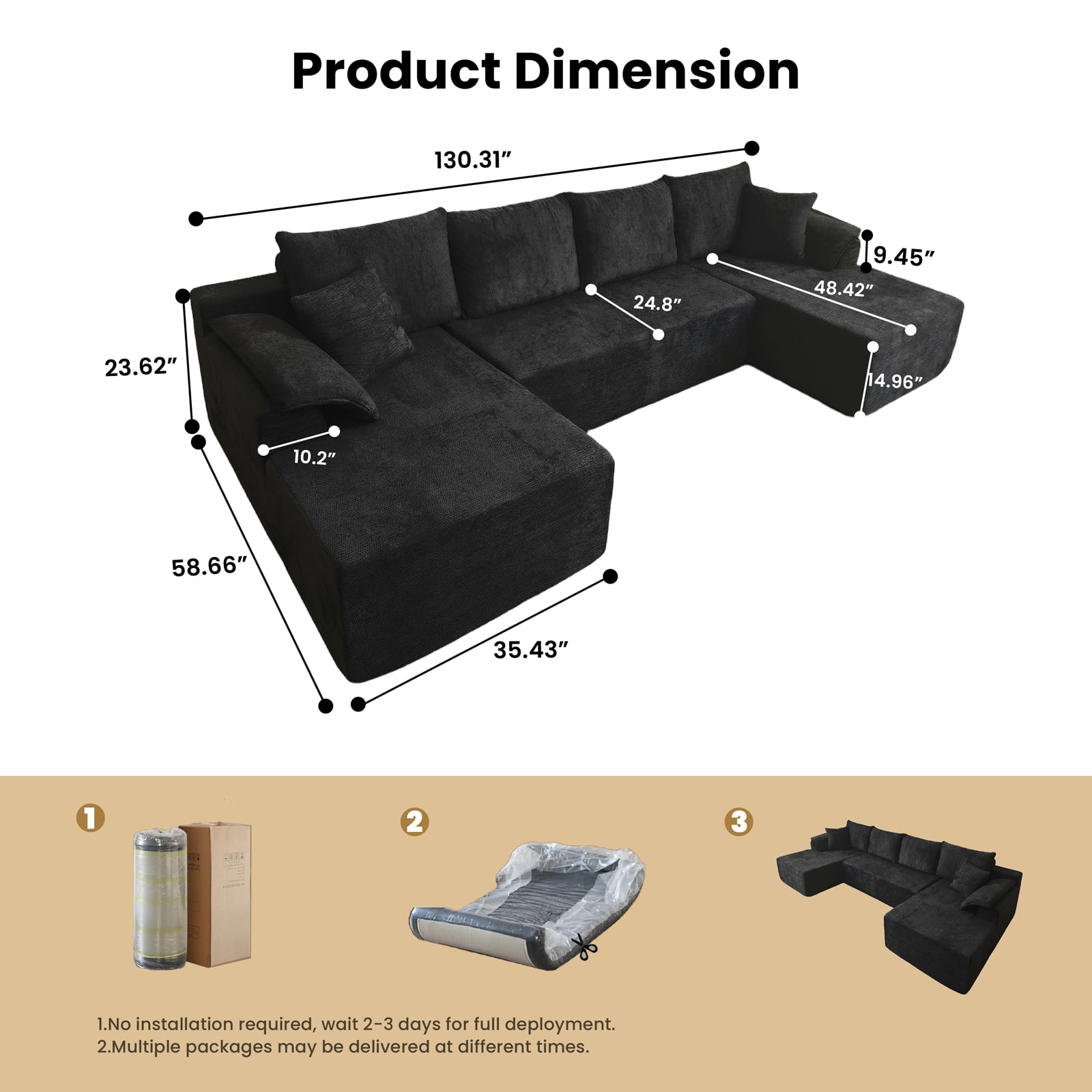 Kelyda 130'' Boneless Sectional Couch, Modern Chenille U Shaped Modular Cloud for Living Room Black
