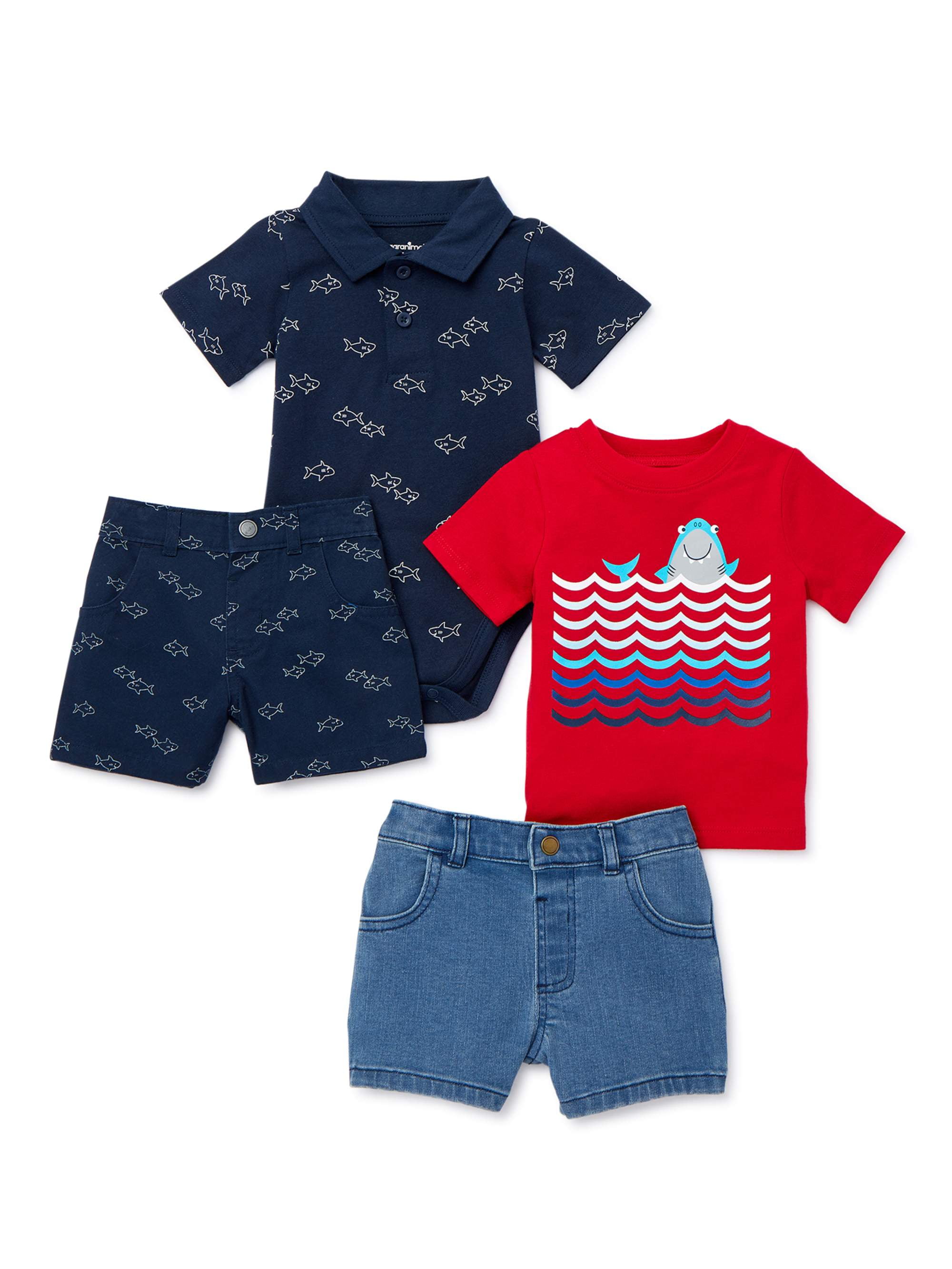 Toddler Kids Baby Boy Summer Short Sleeve Tree Pattern Shirt Tops+Denim Pant Set