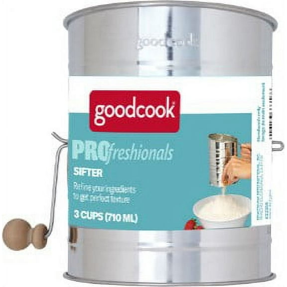 GoodCook PROfreshionals 3-Cup Metal Tin Flour Sifter with Wooden Crank Knob, Silver