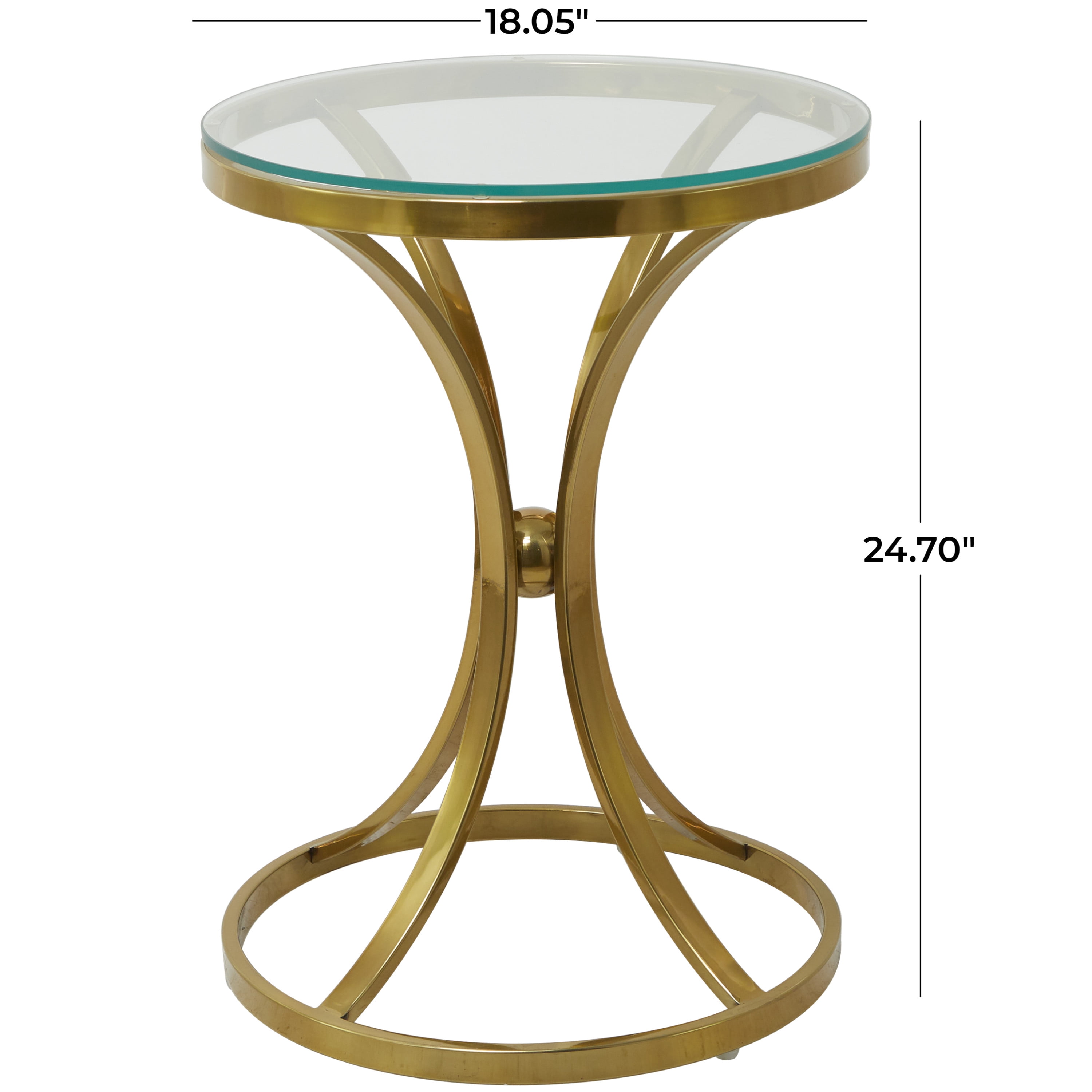 DecMode 18" x 25" Gold Stainless Steel Hourglass Shaped Stand Accent Table with Clear Glass Top, 1-Piece