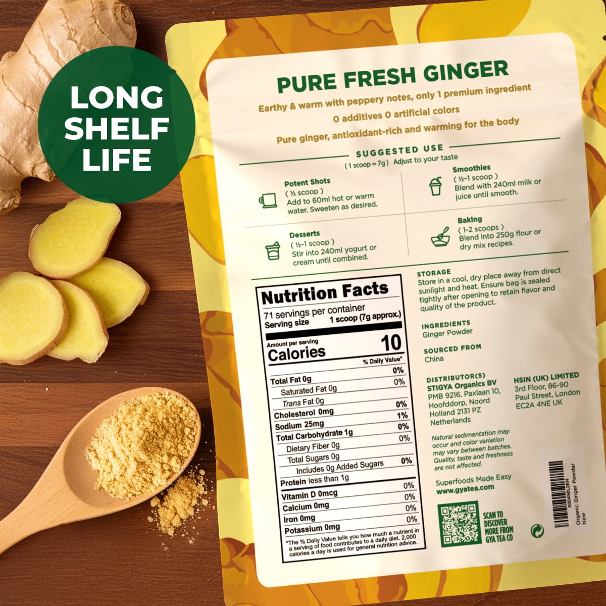 Gya Tea Co Ginger Powder 1.1lb (17.64 Oz) - 100% Real & Robust Ground Ginger, Smooth-Blending For Shots, Teas, Cooking - Antioxidant Rich For Overall Wellness, Digestion Support - Non-GMO