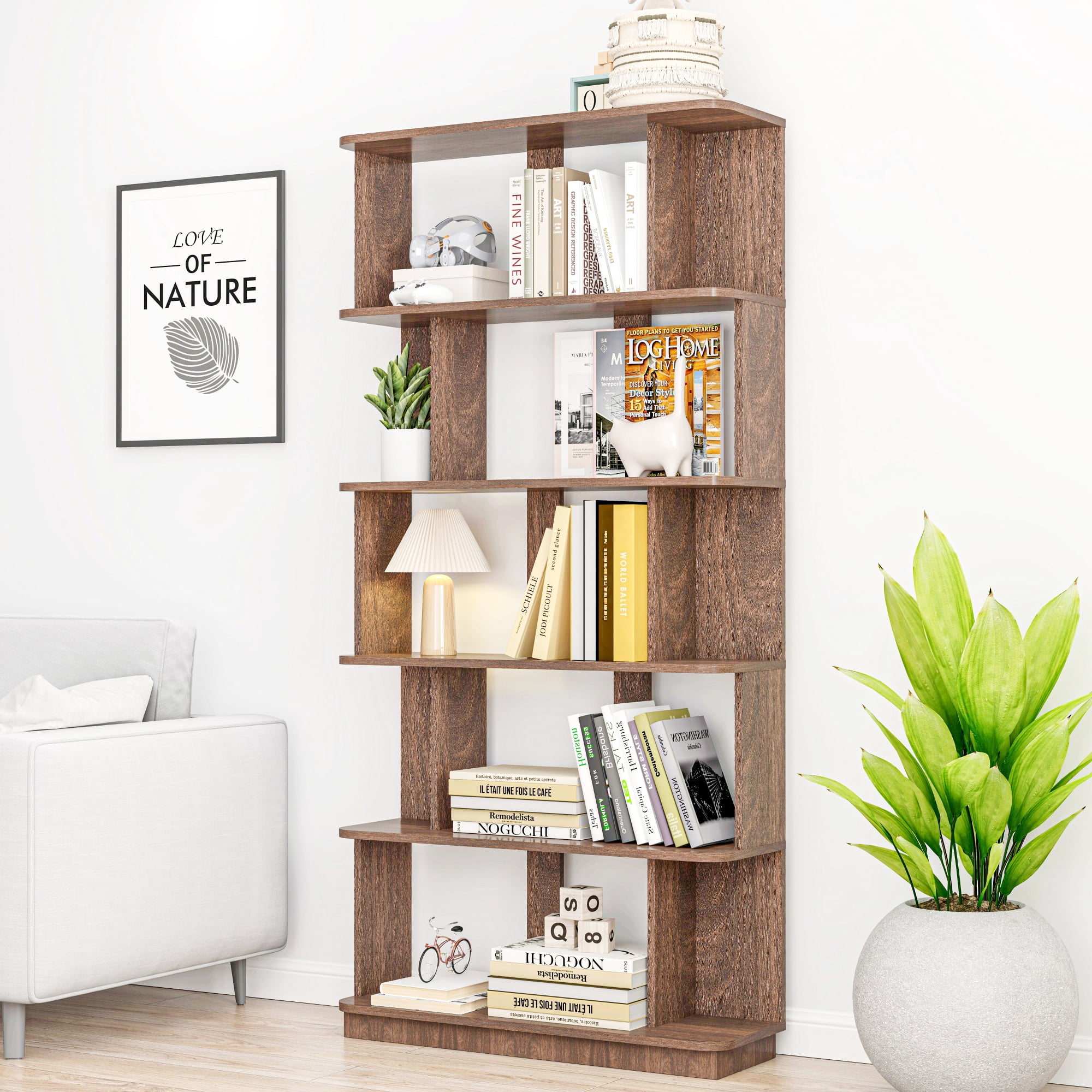 Leumius 5 Tier Open Storage Bookcase,Free Combination Bookshelf,Wood Display Shelving for Living Room Home Office Bedroom Decor Organizer,31.5" L x 64.56" H,Dark Brown
