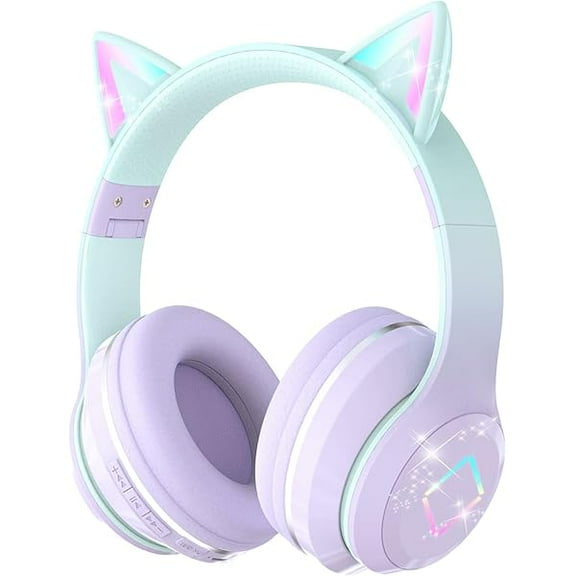 Bluetooth Kids Headphones,Cat Ear LED Light Up Kids Wireless Headphones,Bluetooth 5.1&Stereo Sound, Foldable,Adjustable Headband,Children Headphones with Microphone for School/Tablet (Purple)