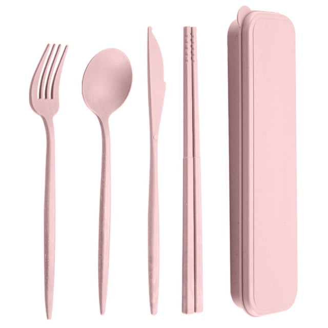 YOPTOP 4Pcs/Set Reusable Portable Plastic Cutlery Set with Storage Box Students Spoon Fork Cutter Chopsticks Tableware Set for Outdoor Travel,Pink
