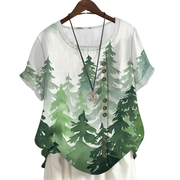 CLOOCL Short Sleeve Blouse Simple Forest Printed Casual Shirt Plus Size Summer Tops