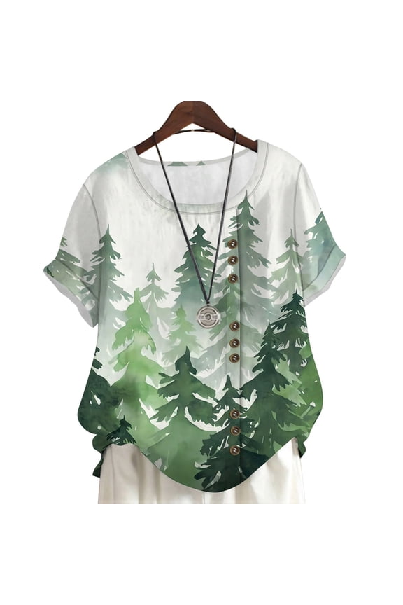Short Sleeve Blouse Simple Forest Printed Casual Shirt Plus Size Summer Tops