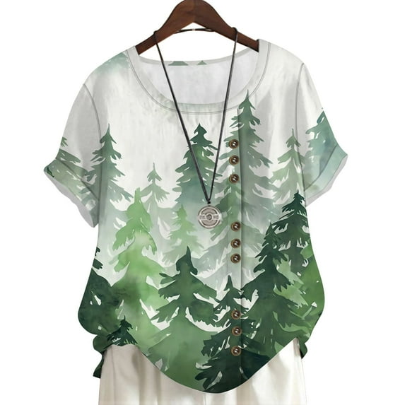 CLOOCL Short Sleeve Blouse Simple Forest Printed Casual Shirt Plus Size Summer Tops