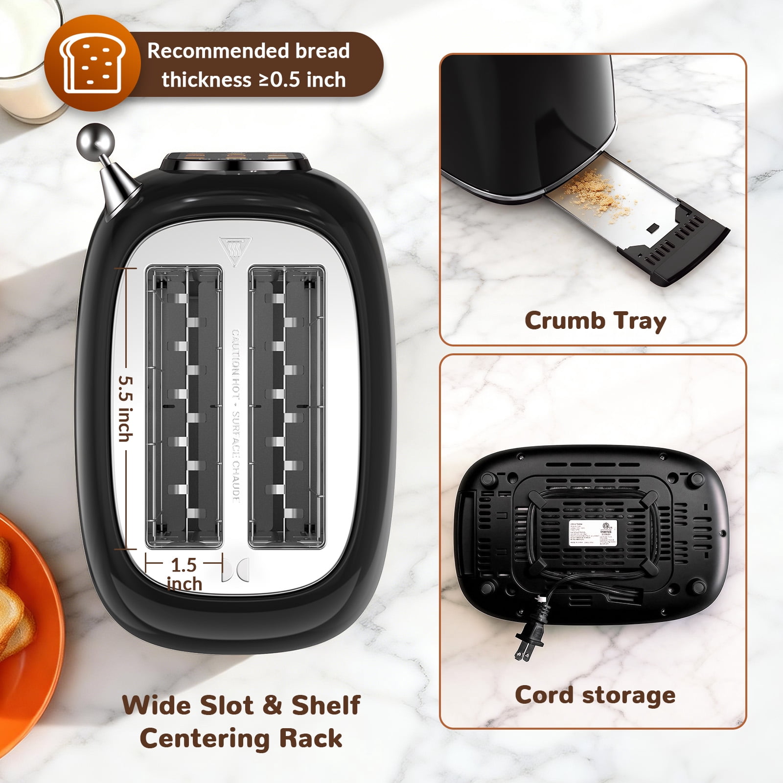 Mecity Easy Touch Screen Toaster 2 Slice – Retro Wide Slot Stainless Steel Toaster with Large Display, 6 Browning Levels, Bagel, Defrost & Reheat, Removable Crumb Tray, Black