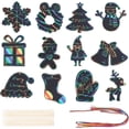 thumbnail image 1 of Juego de 24 piezas de papel para rascar de arcoíris navideño de 12 estilos, papel mágico negro para rascar, suministros para manualidades, decoración colgante, lápiz de madera, 1 of 7
